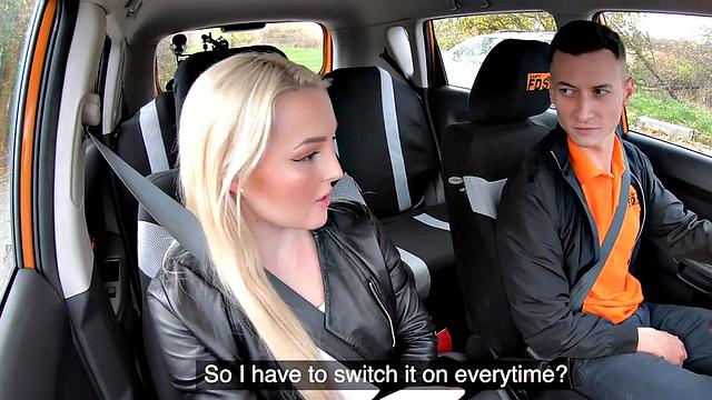 Cute driving student rides instructor to pass the test