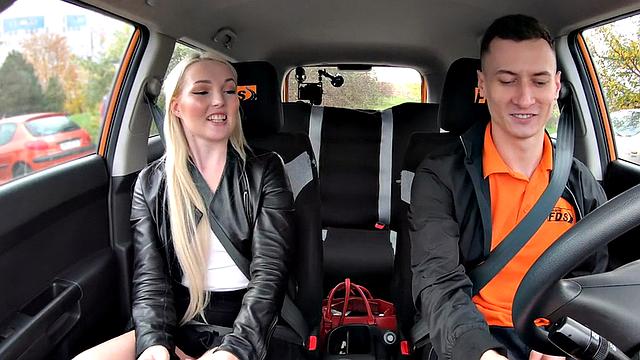 Cute driving student rides instructor to pass the test