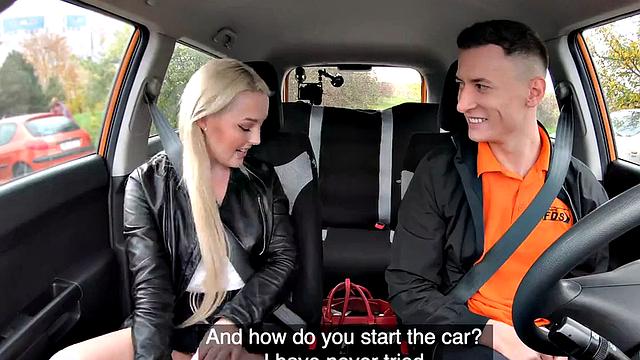 Cute driving student rides instructor to pass the test