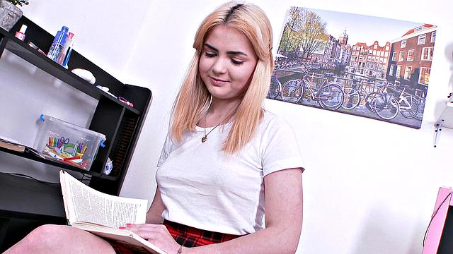 Plump Blondie In College Uniform Plays Solo