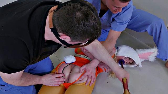 Cosplay babe spit roasted in threeway domination