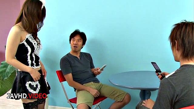 Sultry Asian Maid Gives Blowjob To Two Men With Airi