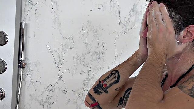 Latina gets dirty showering with ball licking, handjob, and doggystyle fun