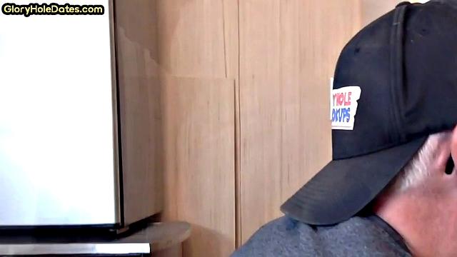 Moustache auntie sucking at gloryhole