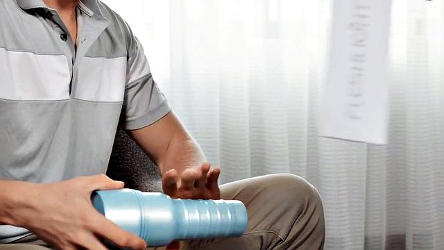 Gay stud deepthroats while toy his own cock with a pussytoy