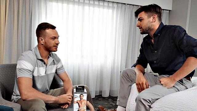 Gay stud deepthroats while toy his own cock with a pussytoy