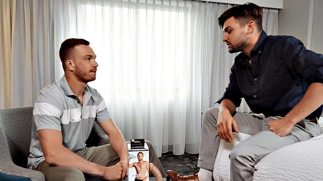 Gay stud deepthroats while toy his own cock with a pussytoy