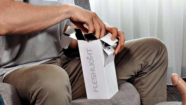 Gay stud deepthroats while toy his own cock with a pussytoy