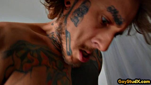 Inked skinny jock assdrilling his BF