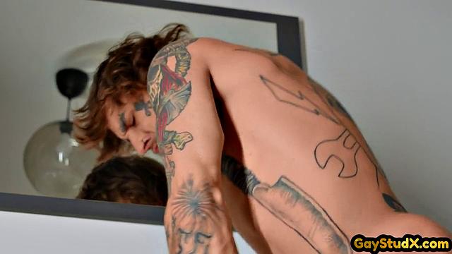 Inked skinny jock assdrilling his BF