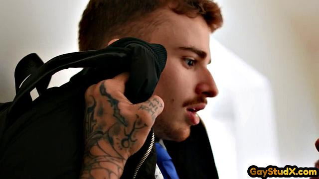 Inked skinny jock assdrilling his BF