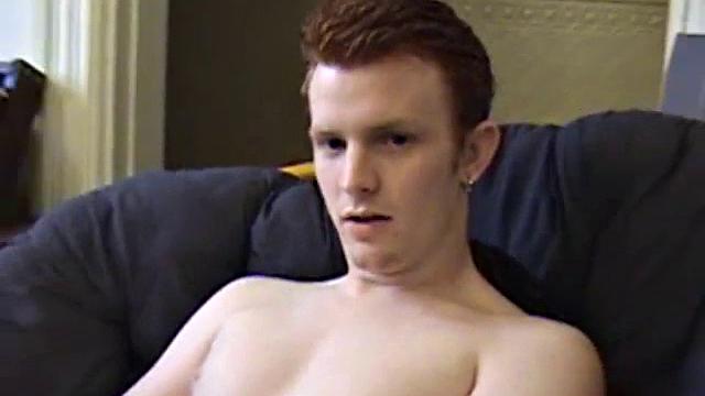 After stripping naked, Miles' uncut cock grows in his hands, as he plays with it. Stroking with determination and edging several times, he finally blows his load onto his tummy.