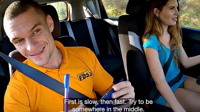 Cockriding babe banged in car to pass the test