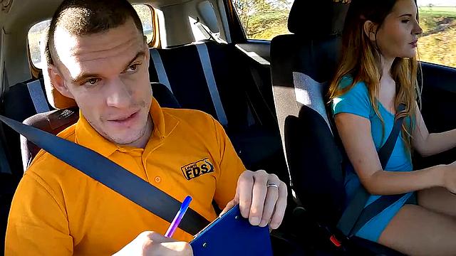 Cockriding babe banged in car to pass the test