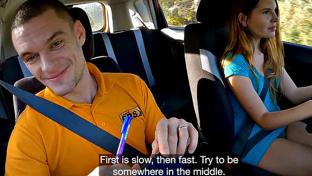 Cockriding babe banged in car to pass the test