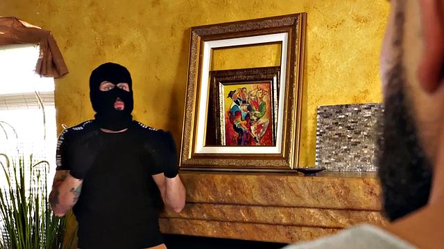 Sneaky intruder barebacked and blown by muscle hunk