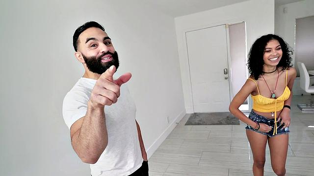 Curly-haired ebony babe in bikini gets her pussynails and ass drilled on the couch