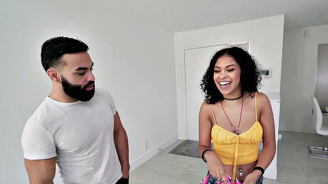 Curly-haired ebony babe in bikini gets her pussynails and ass drilled on the couch