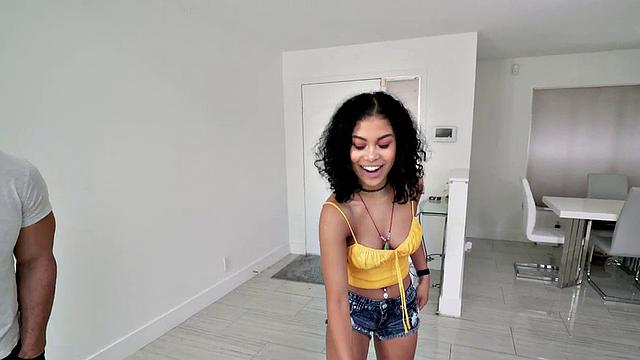 Curly-haired ebony babe in bikini gets her pussynails and ass drilled on the couch