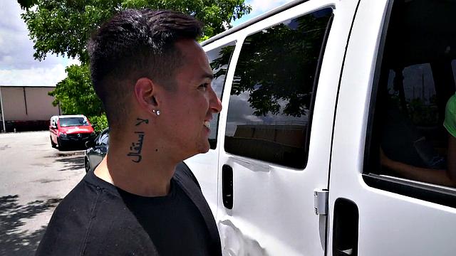 Muscular dude gets a BJ before getting railed in the van