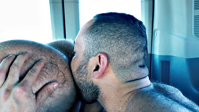 Rimmed gaydaddy with hairy inked body fisted in van