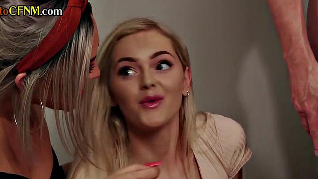 CFNM Brit femdoms give deep BJ and HJ to lucky man