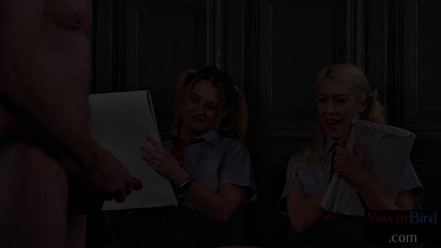 Horny voyeur babes tease old wanker