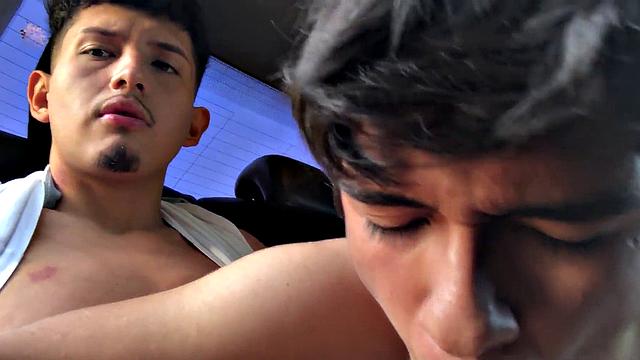 Latin twink barebacked for cumshot after sucking in car