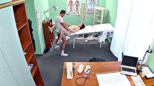 Redhead with glasses gives a sexy hospital surprise to doc in reverse cowgirl