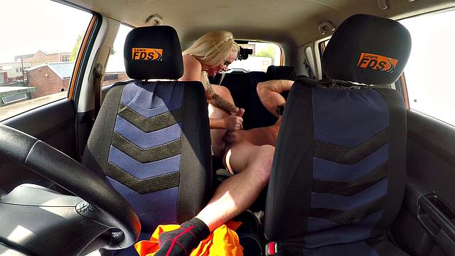 Blonde with glasses gets fingered and squirts in orgasmic car ride