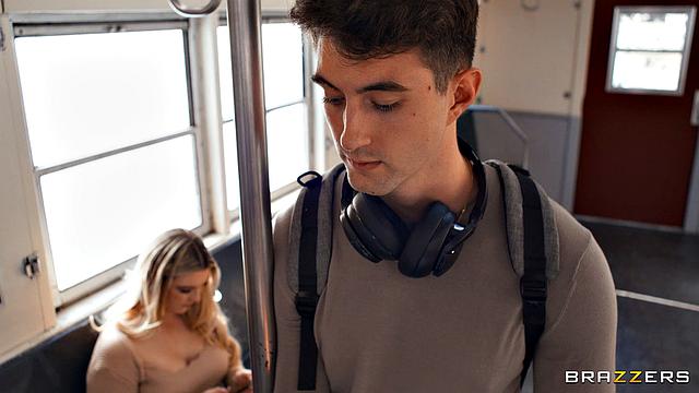 Angel Youngs отсасывает в поезде, получает сперму на лицо и жестко трахается с Scott Nails среди пассажиров.