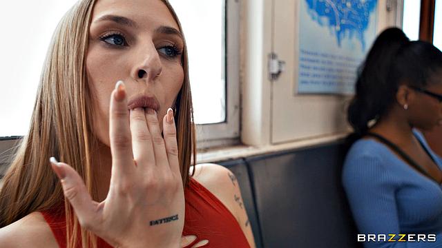 Angel Youngs отсасывает в поезде, получает сперму на лицо и жестко трахается с Scott Nails среди пассажиров.