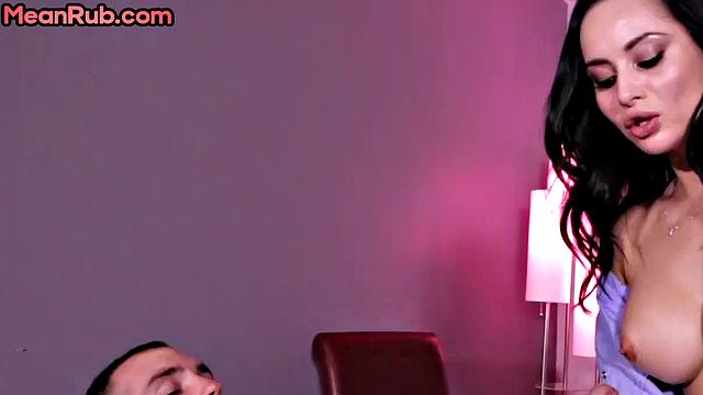 Femdom stunning MILF masseuse wanks client's oiled cock