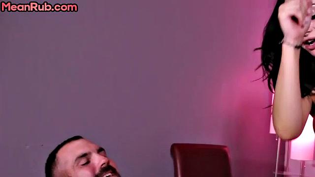 Femdom stunning MILF masseuse wanks client's oiled cock