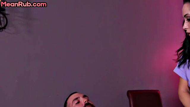 Femdom stunning MILF masseuse wanks client's oiled cock