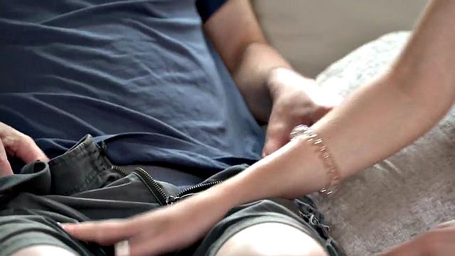 Busty redhead sucking older guy cock in kinky couple