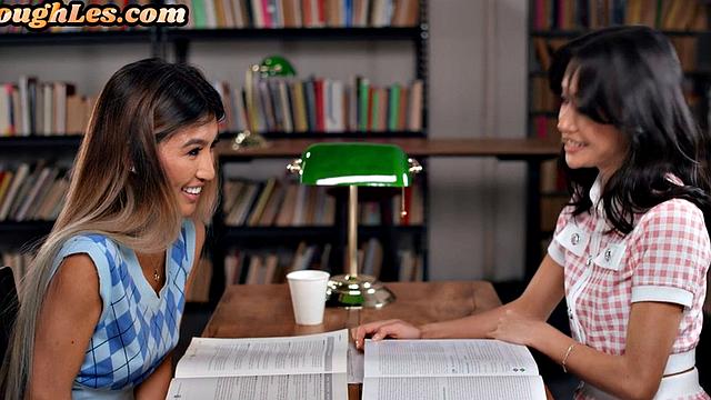 College Asian scissoring classmate and licking her muff