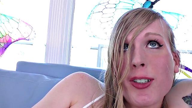 Busty lingerie tgirl jerking and sucking her lover