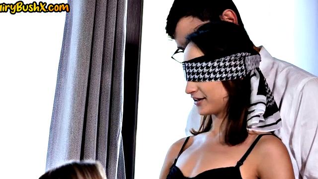 Big-titted hairy pussy babes riding cock in 4-way after blowjob