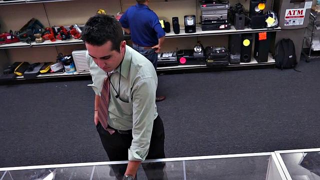 Pathetic amateur 3way fucked in public pawn store