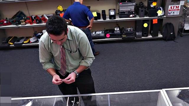 Pathetic amateur 3way fucked in public pawn store