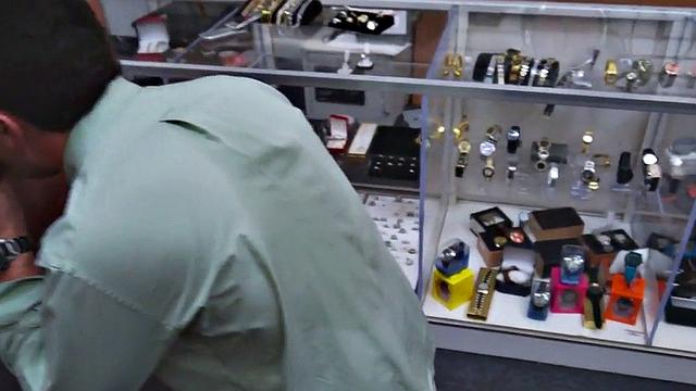 Pathetic amateur 3way fucked in public pawn store