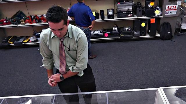 Pathetic amateur 3way fucked in public pawn store