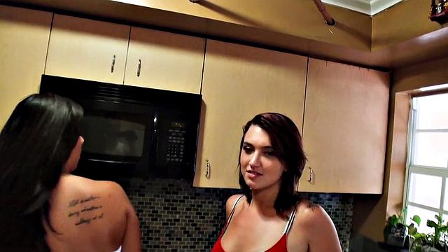 Wild group sex with natural tits brunettes and trimmed pussies on the sofa