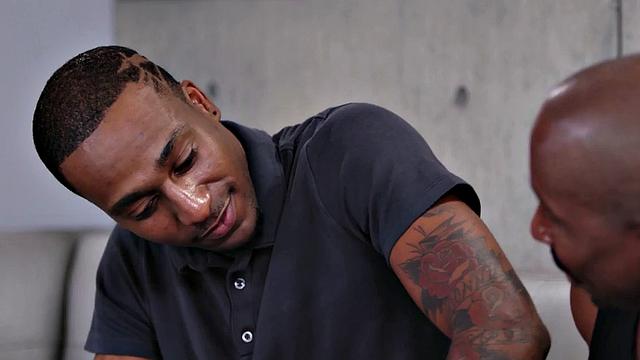 Ripped black hunk kisses before bareback fucking