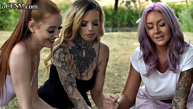 CFNM outdoor British babes suck lucky dude's cock in group