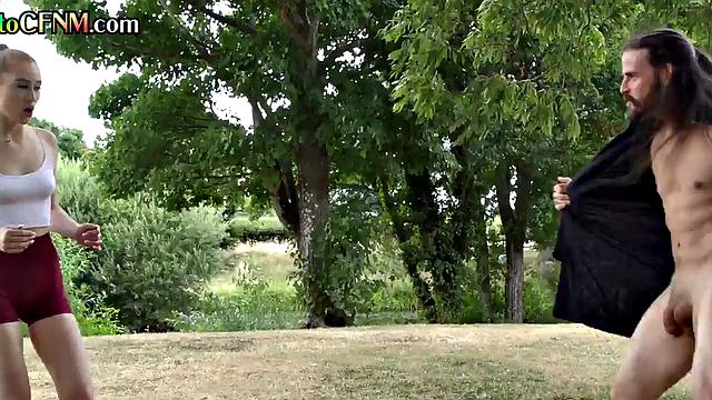 CFNM outdoor British babes suck lucky dude's cock in group