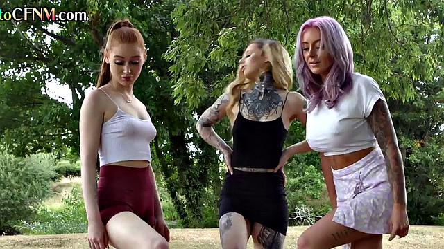 CFNM outdoor British babes suck lucky dude's cock in group