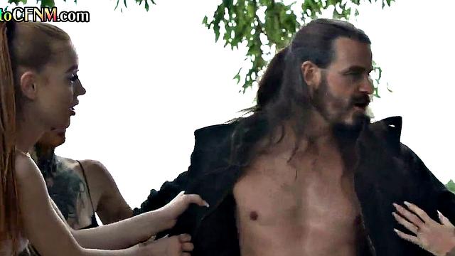 CFNM outdoor British babes suck lucky dude's cock in group