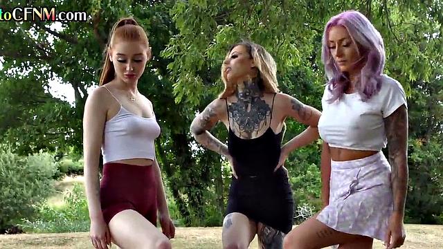 CFNM outdoor British babes suck lucky dude's cock in group